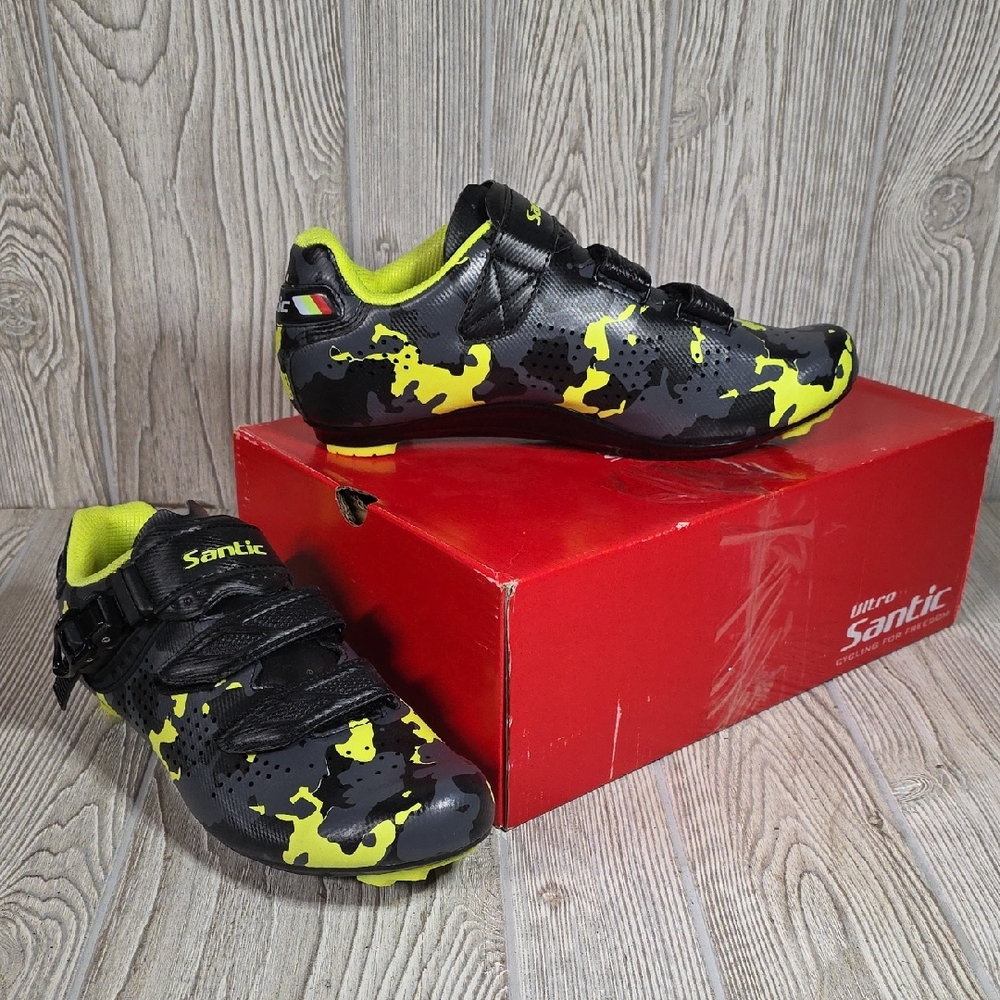Santic Davee Neon Black and Camo Cycling Road Shoes Mens Size 8 NEW